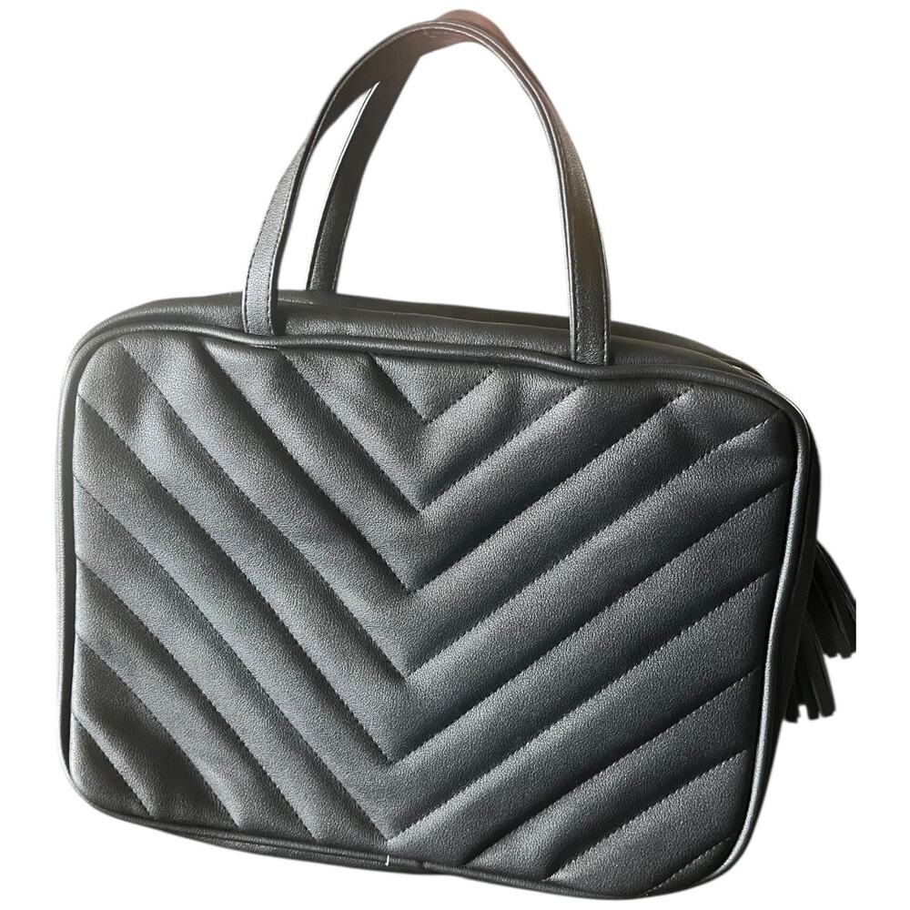 Ms Lovely black chevron faux leather satin line toiletry travel bag gold zip NWT